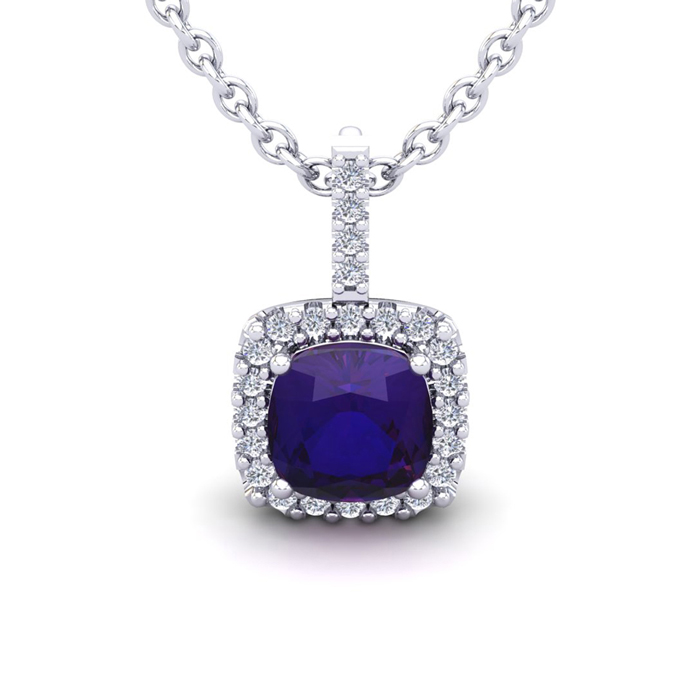 2.5 Carat Cushion Cut Amethyst & Halo Diamond Necklace In 14K White Gold (2.4 G), 18 Inches, I/J By SuperJeweler