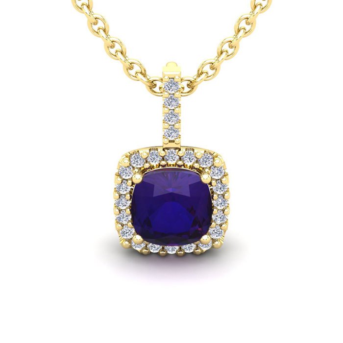 2.5 Carat Cushion Cut Amethyst & Halo Diamond Necklace in 14K Yellow Gold (2.4 g), 18 Inches,  by SuperJeweler