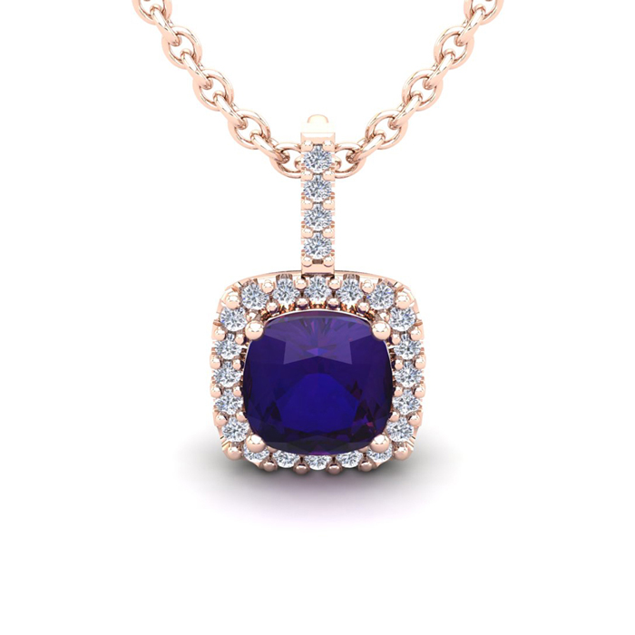 2.5 Carat Cushion Cut Amethyst & Halo Diamond Necklace In 14K Rose Gold (2.4 G), 18 Inches, I/J By SuperJeweler