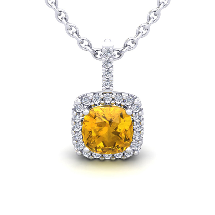 2.5 Carat Cushion Cut Citrine & Halo Diamond Necklace in 14K White Gold (2.4 g), 18 Inches,  by SuperJeweler