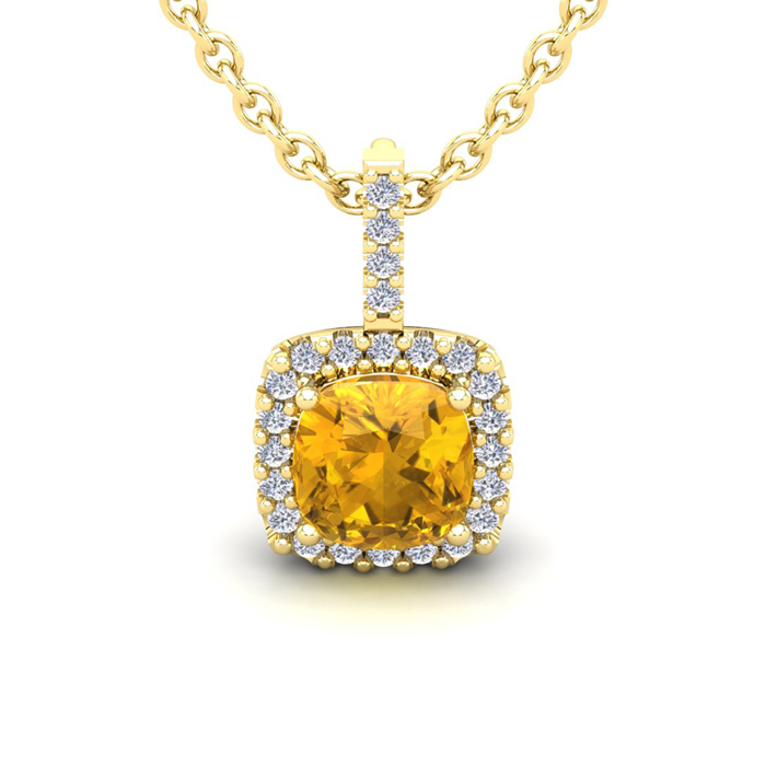 2.5 Carat Cushion Cut Citrine & Halo Diamond Necklace in 14K Yellow Gold (2.4 g), 18 Inches,  by SuperJeweler