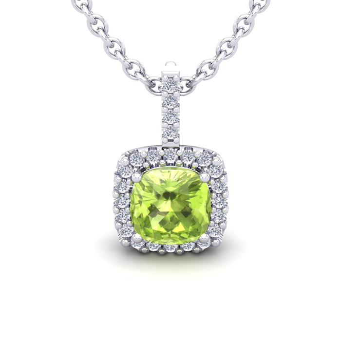 3 Carat Cushion Cut Peridot & Halo Diamond Necklace in 14K White Gold (2.4 g), 18 Inches,  by SuperJeweler