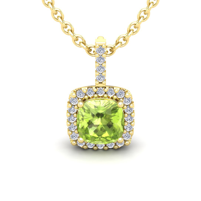 3 Carat Cushion Cut Peridot & Halo Diamond Necklace in 14K Yellow Gold (2.4 g), 18 Inches,  by SuperJeweler