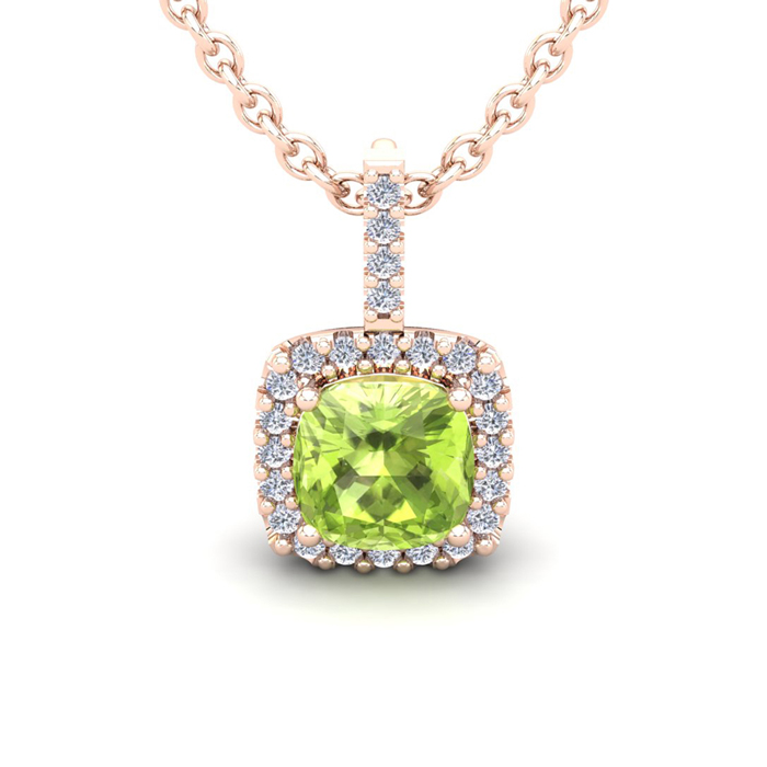 3 Carat Cushion Cut Peridot & Halo Diamond Necklace in 14K Rose Gold (2.4 g), 18 Inches,  by SuperJeweler