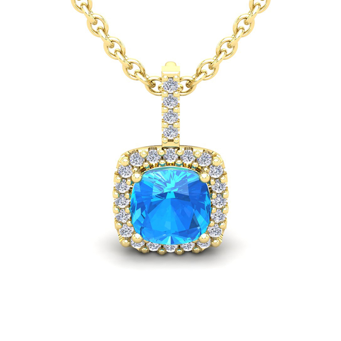 3 Carat Cushion Cut Blue Topaz & Halo Diamond Necklace in 14K Yellow Gold (2.4 g), 18 Inches,  by SuperJeweler