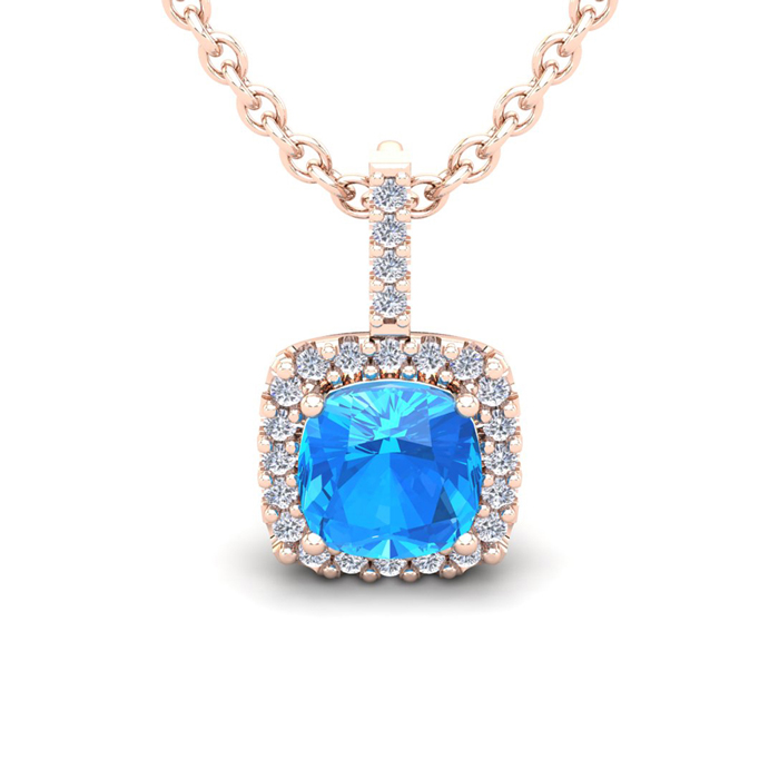 3 Carat Cushion Cut Blue Topaz & Halo Diamond Necklace in 14K Rose Gold (2.4 g), 18 Inches,  by SuperJeweler