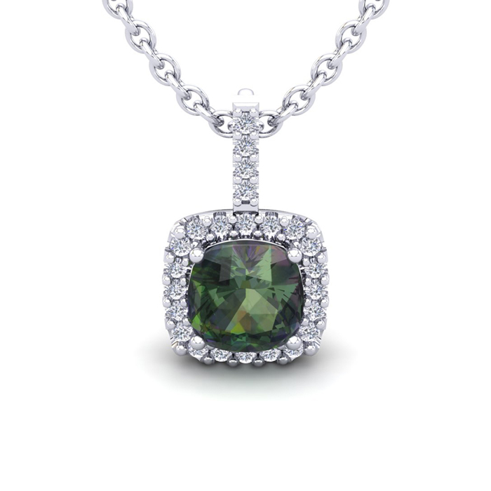 2.5 Carat Cushion Cut Mystic Topaz & Halo Diamond Necklace in 14K White Gold (2.4 g), 18 Inches,  by SuperJeweler