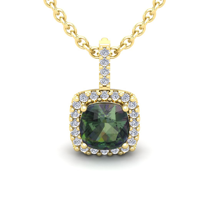 2.5 Carat Cushion Cut Mystic Topaz & Halo Diamond Necklace in 14K Yellow Gold (2.4 g), 18 Inches,  by SuperJeweler