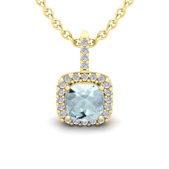 2.5 Carat Cushion Cut Aquamarine & Halo Diamond Necklace in 14K Yellow Gold (2.4 g), 18 Inches,  by SuperJeweler