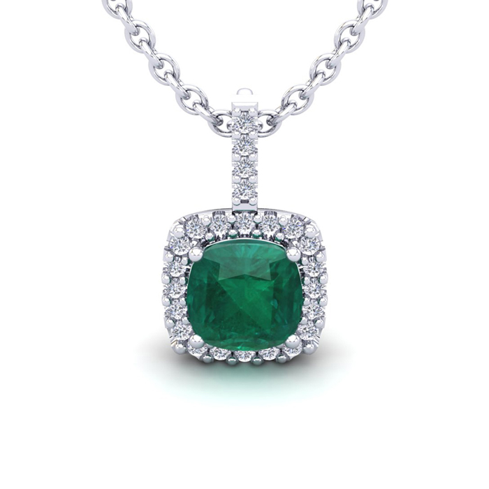 2.5 Carat Cushion Cut Emerald & Halo Diamond Necklace in 14K White Gold (2.4 g), 18 Inches,  by SuperJeweler