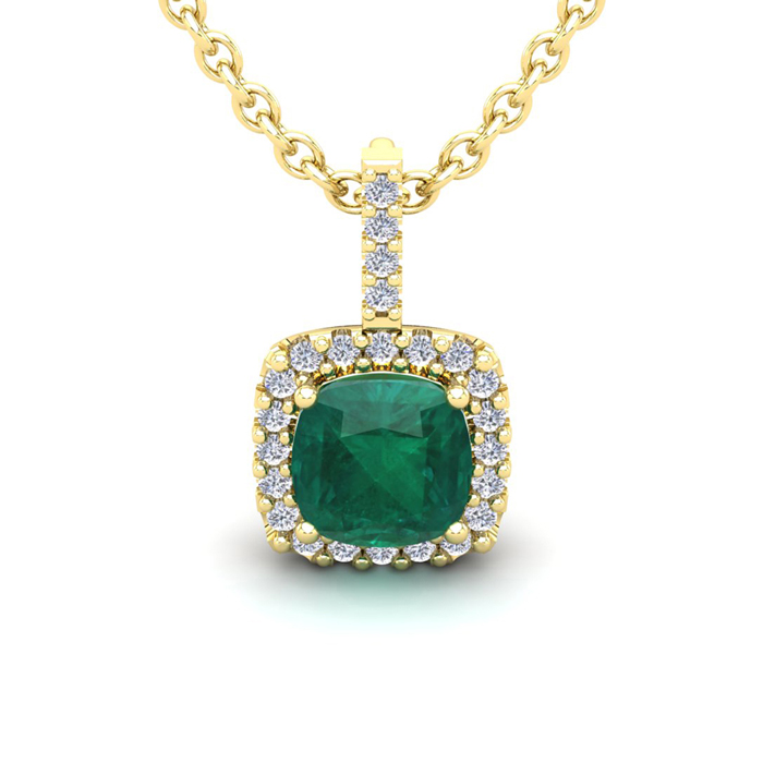 2.5 Carat Cushion Cut Emerald & Halo Diamond Necklace in 14K Yellow Gold (2.4 g), 18 Inches,  by SuperJeweler