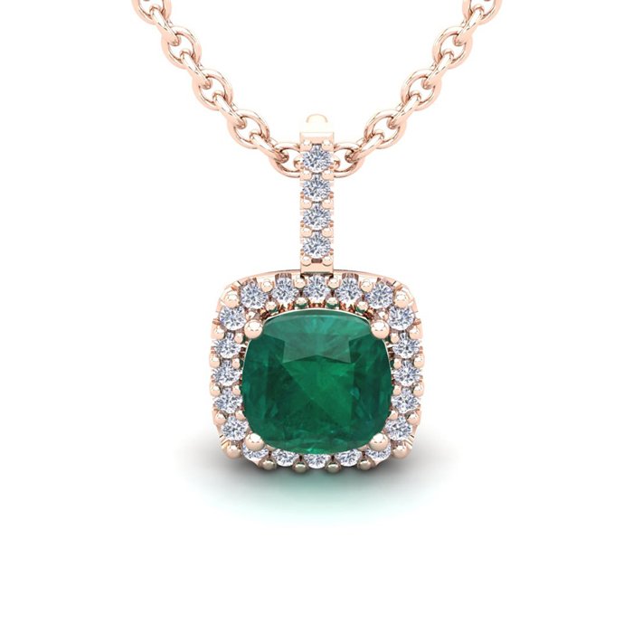 2.5 Carat Cushion Cut Emerald & Halo Diamond Necklace in 14K Rose Gold (2.4 g), 18 Inches,  by SuperJeweler