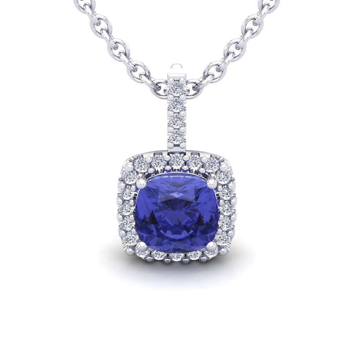 3 Carat Cushion Cut Tanzanite & Halo Diamond Necklace in 14K White Gold (2.4 g), 18 Inches,  by SuperJeweler