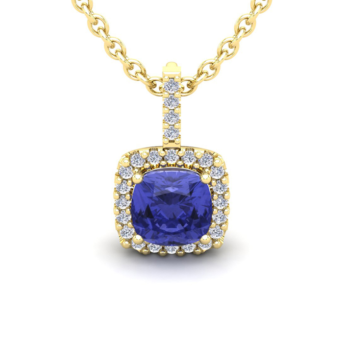 3 Carat Cushion Cut Tanzanite & Halo Diamond Necklace in 14K Yellow Gold (2.4 g), 18 Inches,  by SuperJeweler