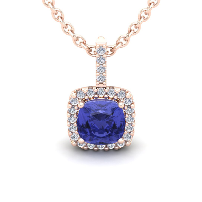 3 Carat Cushion Cut Tanzanite & Halo Diamond Necklace in 14K Rose Gold (2.4 g), 18 Inches,  by SuperJeweler