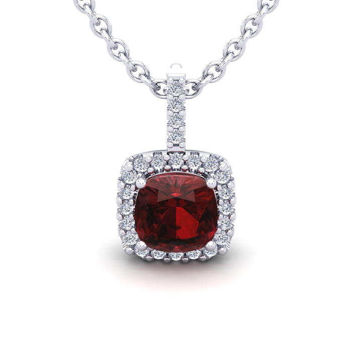 3 1/2 Carat Cushion Cut Garnet & Halo Diamond Necklace In 14K White Gold (2.4 G), 18 Inches, I/J By SuperJeweler