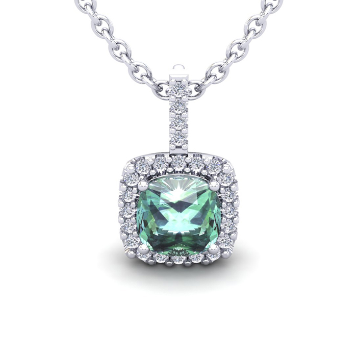 2.5 Carat Cushion Cut Green Amethyst & Halo Diamond Necklace in 14K White Gold (2.4 g), 18 Inches,  by SuperJeweler