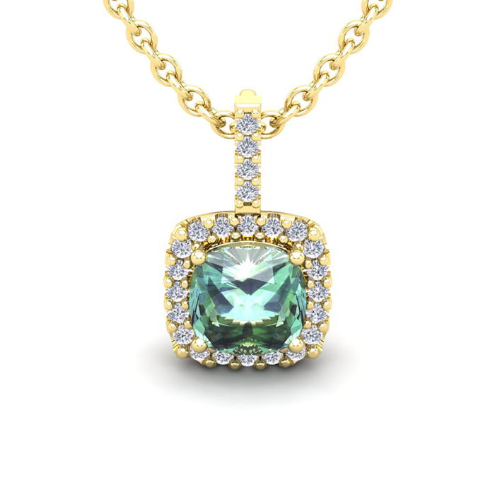 2.5 Carat Cushion Cut Green Amethyst & Halo Diamond Necklace In 14K Yellow Gold (2.4 G), 18 Inches, I/J By SuperJeweler