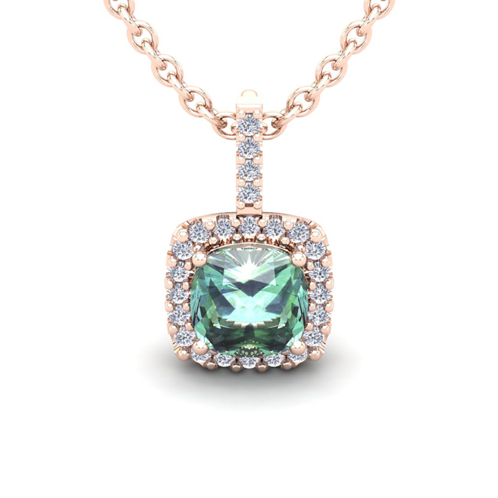 2.5 Carat Cushion Cut Green Amethyst & Halo Diamond Necklace in 14K Rose Gold (2.4 g), 18 Inches,  by SuperJeweler