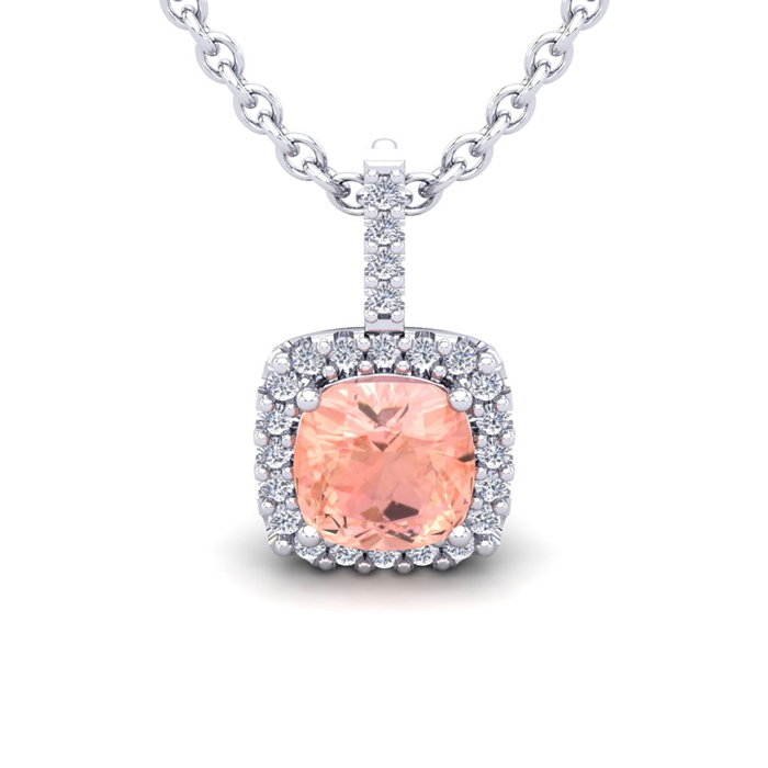 3 1/2 Carat Cushion Cut Morganite & Halo Diamond Necklace in 14K White Gold (2.4 g), 18 Inches,  by SuperJeweler