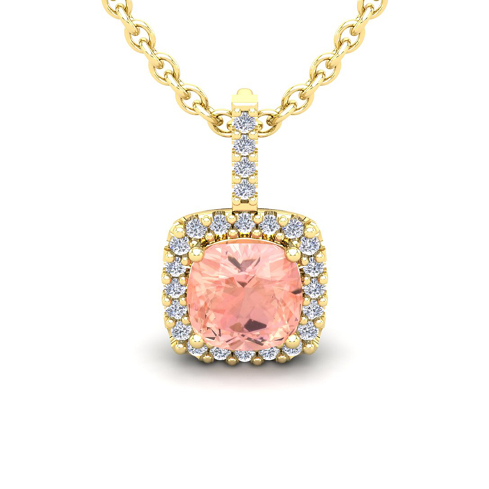 3 1/2 Carat Cushion Cut Morganite & Halo Diamond Necklace in 14K Yellow Gold (2.4 g), 18 Inches,  by SuperJeweler