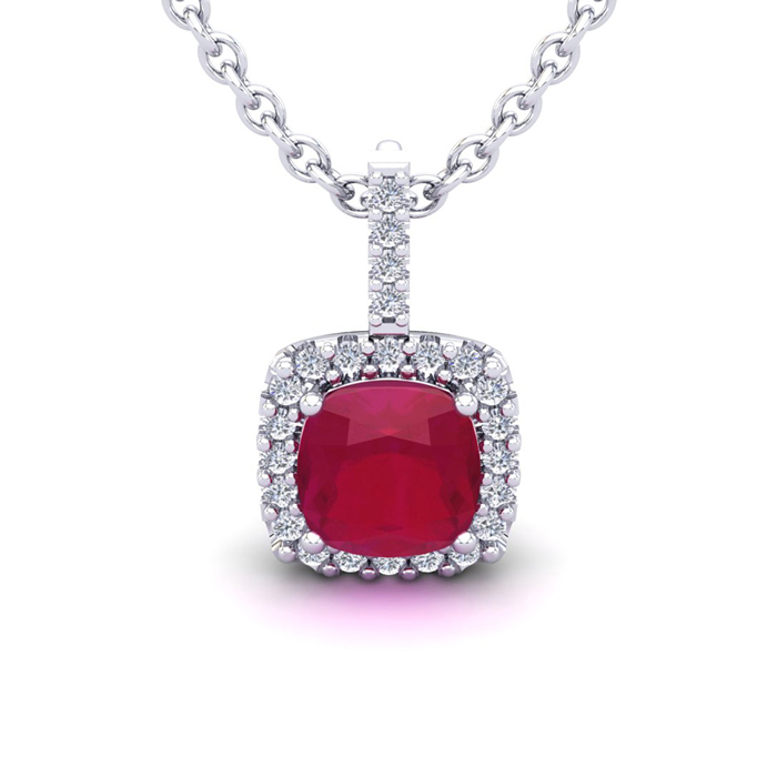 3 1/2 Carat Cushion Cut Ruby & Halo Diamond Necklace in 14K White Gold (2.4 g), 18 Inches,  by SuperJeweler