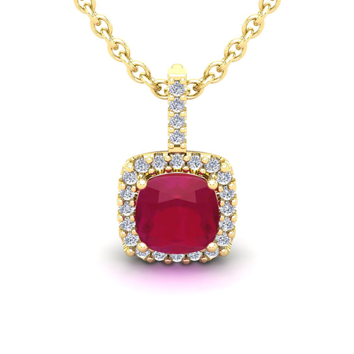 3 1/2 Carat Cushion Cut Ruby & Halo Diamond Necklace In 14K Yellow Gold (2.4 G), 18 Inches, I/J By SuperJeweler