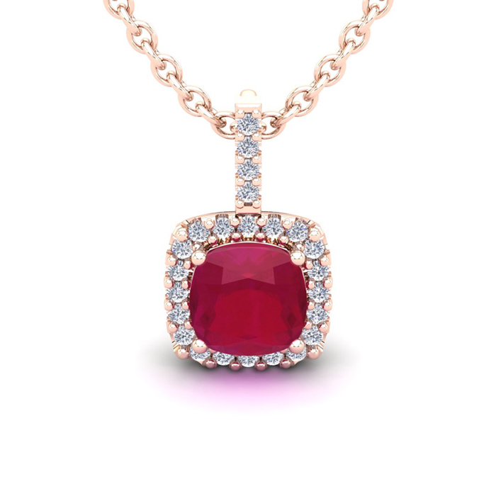 3 1/2 Carat Cushion Cut Ruby & Halo Diamond Necklace in 14K Rose Gold (2.4 g), 18 Inches,  by SuperJeweler