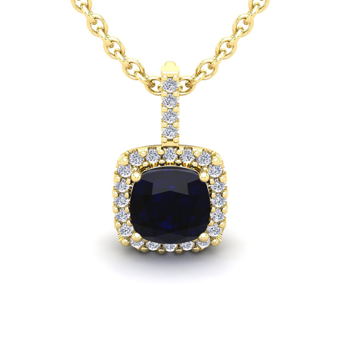 3 1/2 Carat Cushion Cut Sapphire & Halo Diamond Necklace in 14K Yellow Gold (2.4 g), 18 Inches,  by SuperJeweler