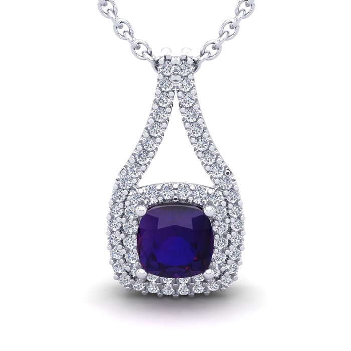 2 Carat Cushion Cut Amethyst & Double Halo Diamond Necklace In 14K White Gold (3.5 G), 18 Inches, I/J By SuperJeweler