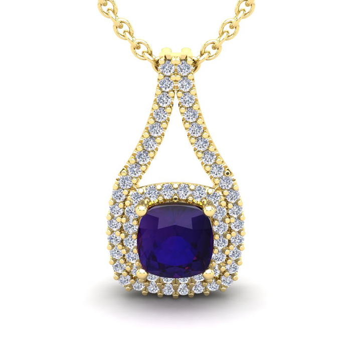 2 Carat Cushion Cut Amethyst & Double Halo Diamond Necklace in 14K Yellow Gold (3.5 g), 18 Inches,  by SuperJeweler