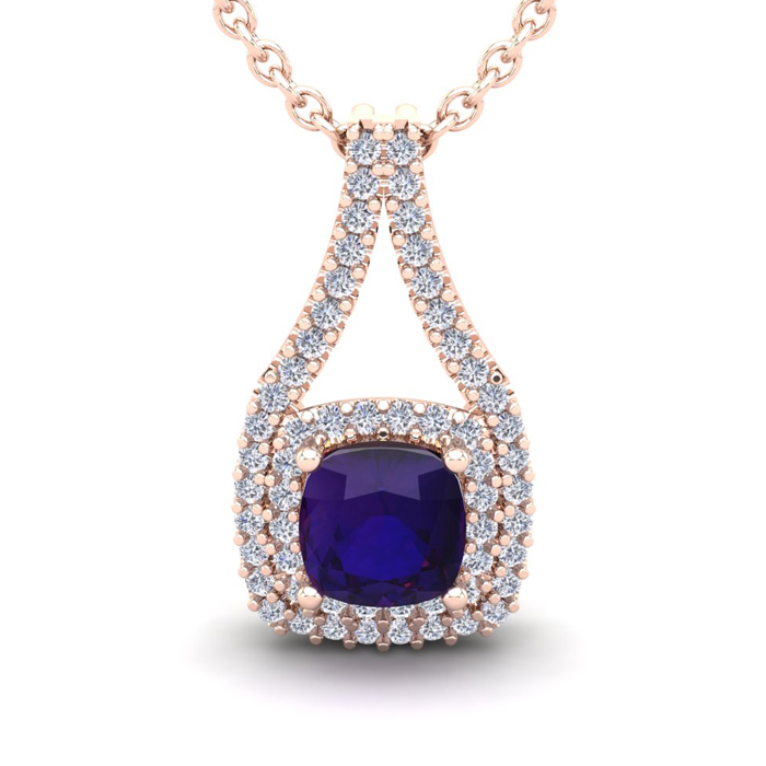 2 Carat Cushion Cut Amethyst & Double Halo Diamond Necklace In 14K Rose Gold (3.5 G), 18 Inches, I/J By SuperJeweler