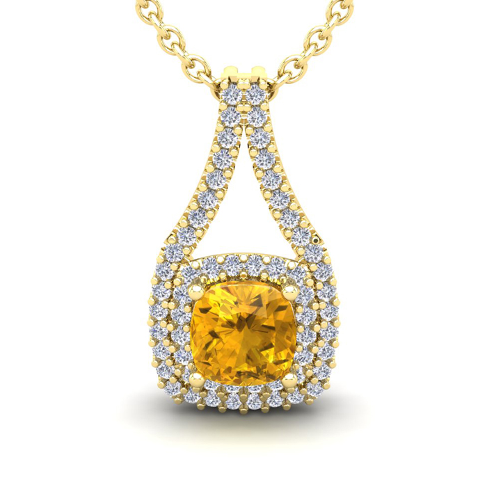 2 Carat Cushion Cut Citrine & Double Halo Diamond Necklace in 14K Yellow Gold (3.5 g), 18 Inches,  by SuperJeweler