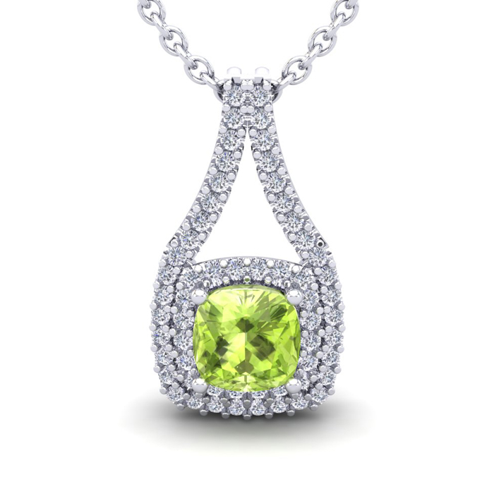 2 Carat Cushion Cut Peridot & Double Halo Diamond Necklace in 14K White Gold (3.5 g), 18 Inches,  by SuperJeweler