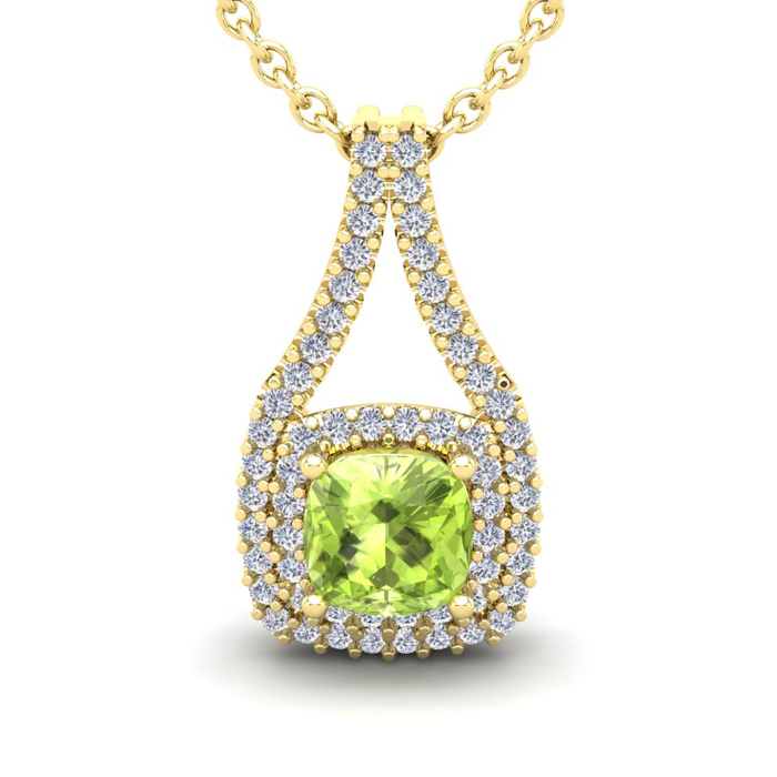 2 Carat Cushion Cut Peridot & Double Halo Diamond Necklace in 14K Yellow Gold (3.5 g), 18 Inches,  by SuperJeweler