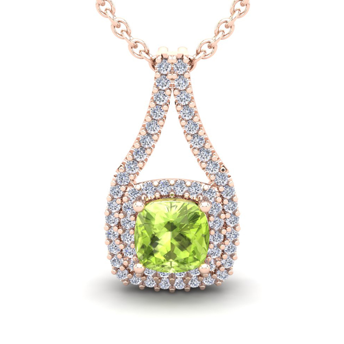 2 Carat Cushion Cut Peridot & Double Halo Diamond Necklace in 14K Rose Gold (3.5 g), 18 Inches,  by SuperJeweler