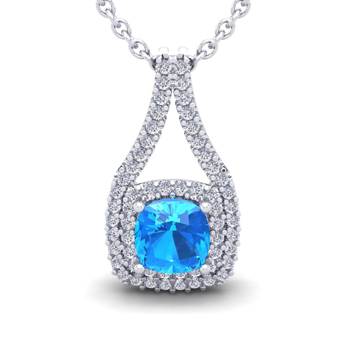 2 1/3 Carat Cushion Cut Blue Topaz & Double Halo Diamond Necklace in 14K White Gold (3.5 g), 18 Inches,  by SuperJeweler