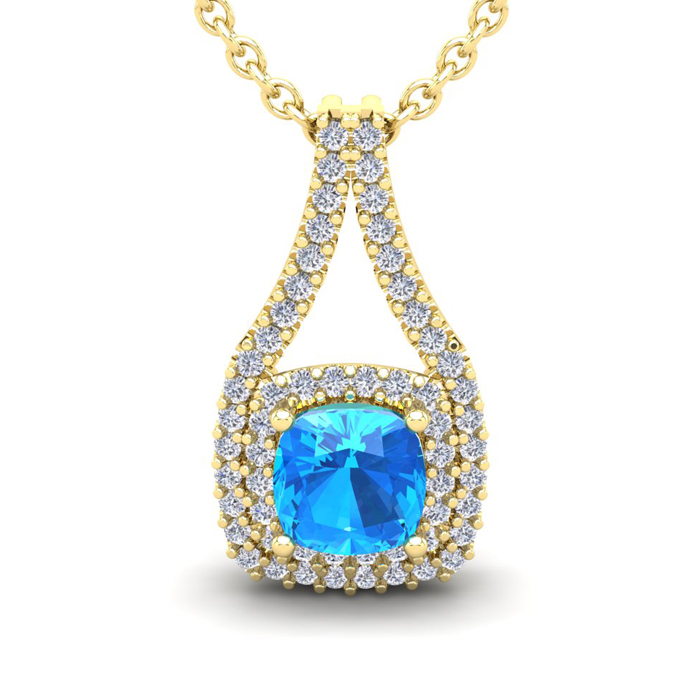 2 1/3 Carat Cushion Cut Blue Topaz & Double Halo Diamond Necklace in 14K Yellow Gold (3.5 g), 18 Inches,  by SuperJeweler