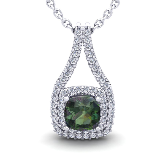 2 1/3 Carat Cushion Cut Mystic Topaz & Double Halo Diamond Necklace in 14K White Gold (3.5 g), 18 Inches,  by SuperJeweler