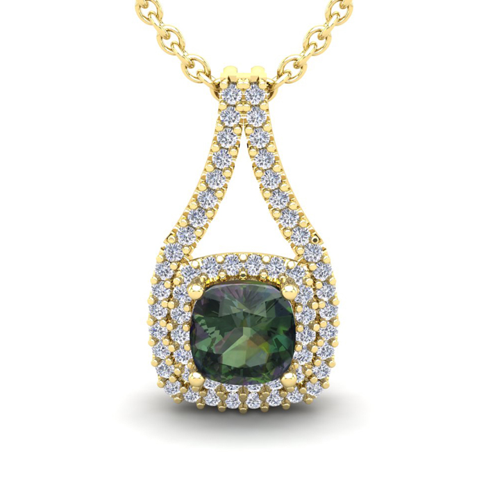 2 1/3 Carat Cushion Cut Mystic Topaz & Double Halo Diamond Necklace in 14K Yellow Gold (3.5 g), 18 Inches,  by SuperJeweler