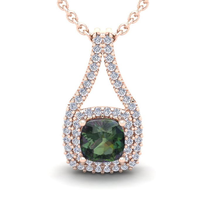 2 1/3 Carat Cushion Cut Mystic Topaz & Double Halo Diamond Necklace in 14K Rose Gold (3.5 g), 18 Inches,  by SuperJeweler