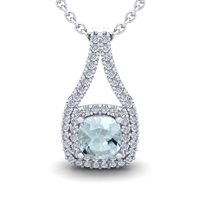 2 1/4 Carat Cushion Cut Aquamarine & Double Halo Diamond Necklace in 14K White Gold (3.5 g), 18 Inches,  by SuperJeweler