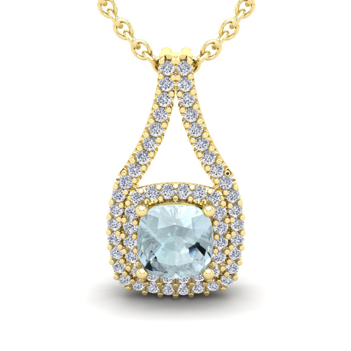 2 1/4 Carat Cushion Cut Aquamarine & Double Halo Diamond Necklace in 14K Yellow Gold (3.5 g), 18 Inches,  by SuperJeweler