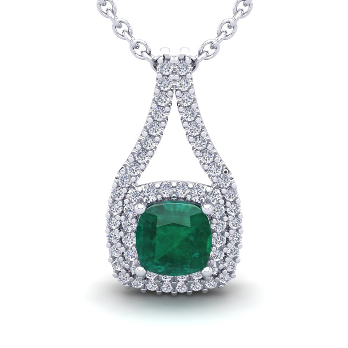 2 Carat Cushion Cut Emerald & Double Halo Diamond Necklace in 14K White Gold (3.5 g), 18 Inches,  by SuperJeweler