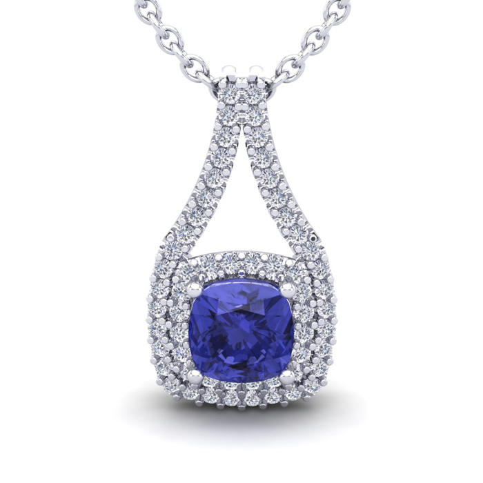 2 Carat Cushion Cut Tanzanite & Double Halo Diamond Necklace in 14K White Gold (3.5 g), 18 Inches,  by SuperJeweler