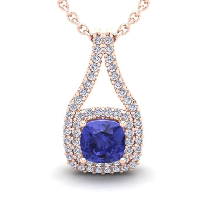 2 Carat Cushion Cut Tanzanite & Double Halo Diamond Necklace In 14K Rose Gold (3.5 G), 18 Inches, I/J By SuperJeweler