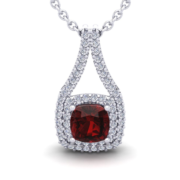 2 Carat Cushion Cut Garnet & Double Halo Diamond Necklace in 14K White Gold (3.5 g), 18 Inches,  by SuperJeweler