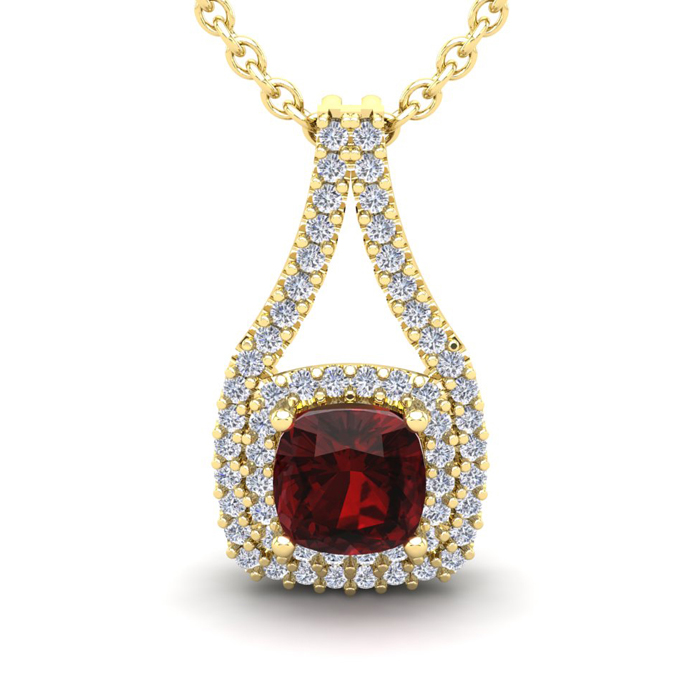 2 Carat Cushion Cut Garnet & Double Halo Diamond Necklace in 14K Yellow Gold (3.5 g), 18 Inches,  by SuperJeweler