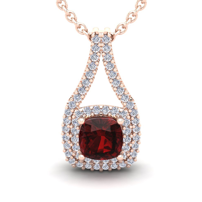 2 Carat Cushion Cut Garnet & Double Halo Diamond Necklace in 14K Rose Gold (3.5 g), 18 Inches,  by SuperJeweler