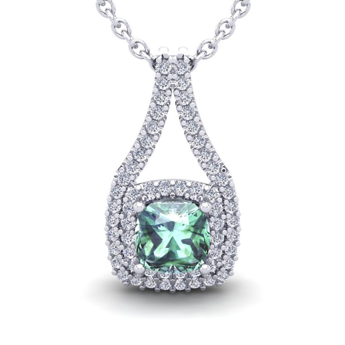 2 Carat Cushion Cut Green Amethyst & Double Halo Diamond Necklace in 14K White Gold (3.5 g), 18 Inches,  by SuperJeweler